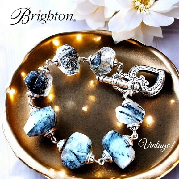 BRIGHTON Silver and Black Rutilated Smoky Quartz Toggle Bracelet, Vintage! - Picture 1 of 10